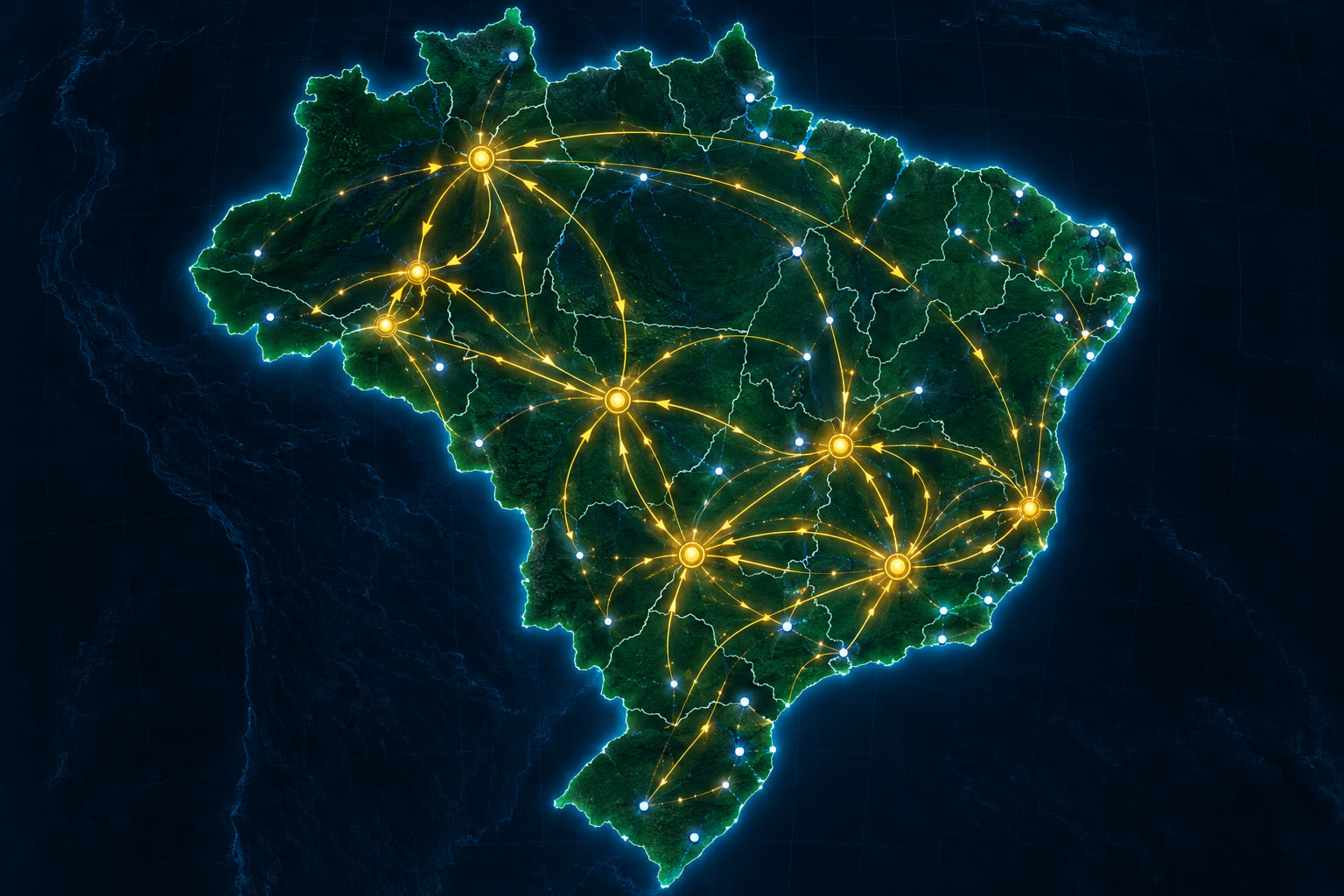 Mapa do Brasil com estados, capitais e rotas logísticas da LOG Total conectadas por setas douradas.